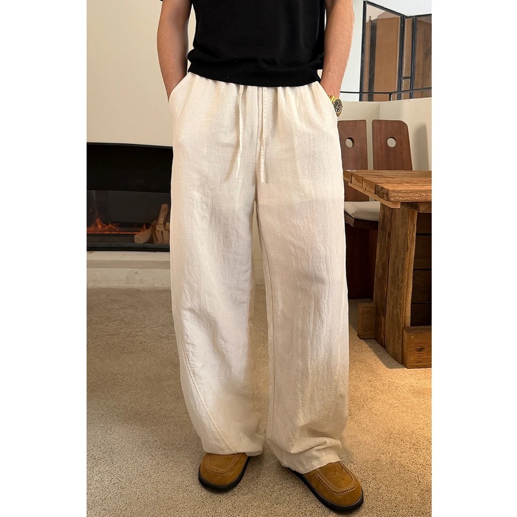 Lyocell estilo dinheiro antigo Drape Tencel linho preguiçoso calças de chão verão calças finas soltas calças casuais ret