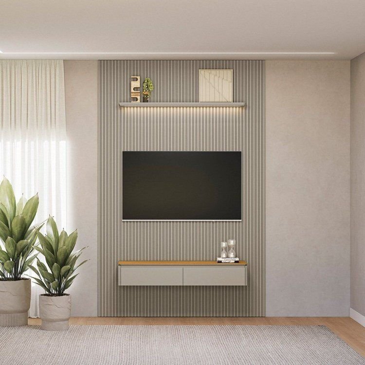 Painel Ripado para TV até 75 Polegadas com LED MDF 180CMX250CM Modular Tauari/Gris Fosco