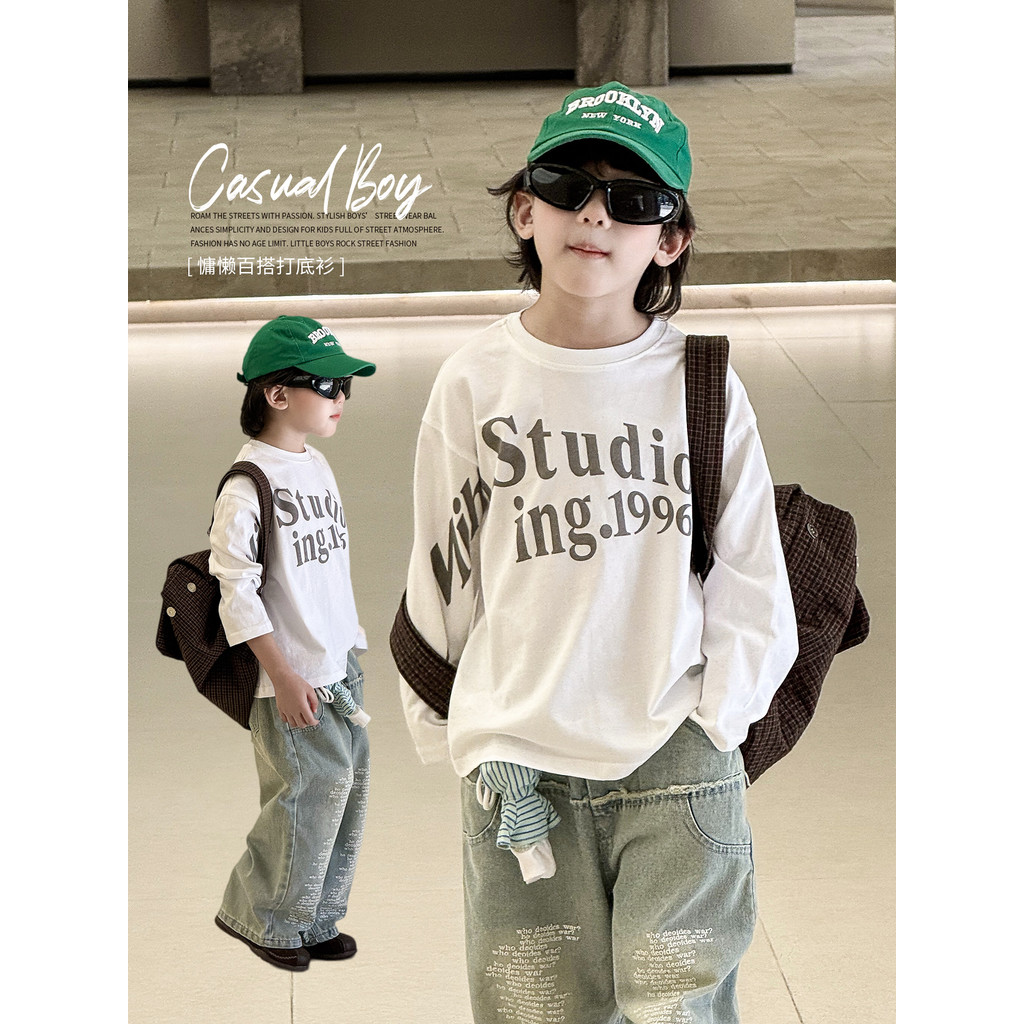 Crianças primavera outono roupas branco impresso manga comprida camiseta meninos outono puro algodão All-Match topo vers