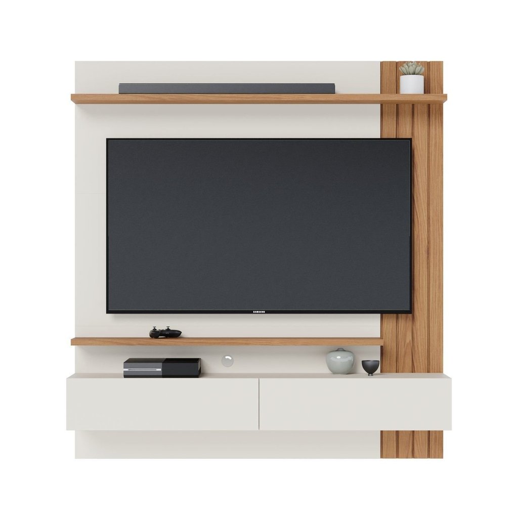 Painel para TV até 65 Polegadas 150CMX162CM 2 Portas Basculantes 2 Prateleiras Juriti Branco Off White Matte/Freijó · foto 2
