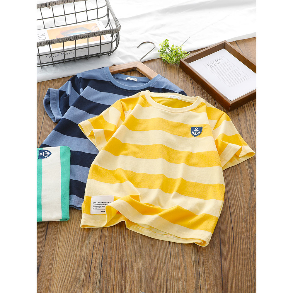 Meninos camiseta de manga curta 2025 novo estilo verão estilo ocidental listrado moletom solto respirável crianças Casua