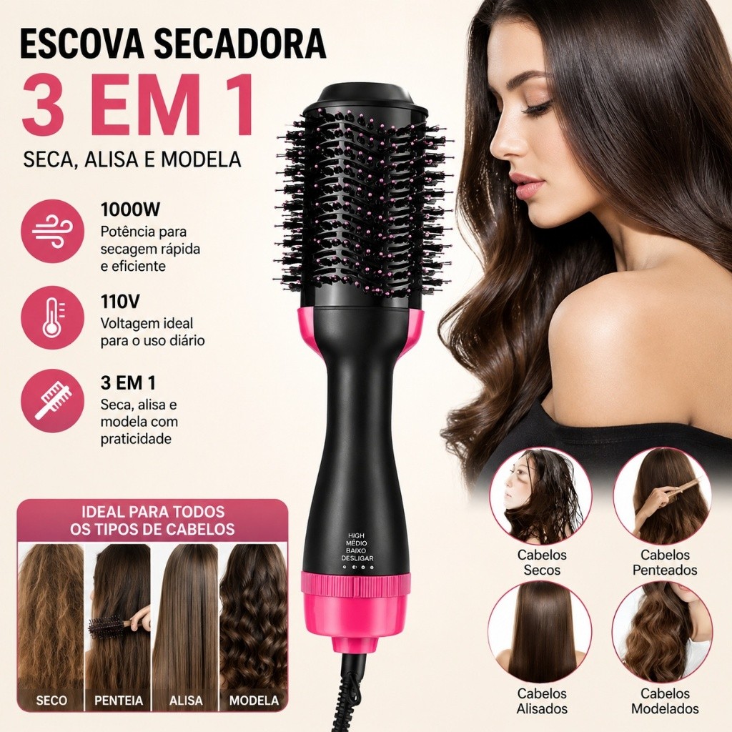 Escova Secadora 3 em 1 1000W 110V Alisa Seca e Modela Cabelo Orbitta