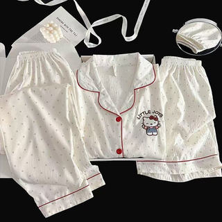 Conjunto de Pijamas Femininos 9YZT em Algodão Macio 3 Peças Manga Curta + Shorts + Calças Compridas EFRW WUJK