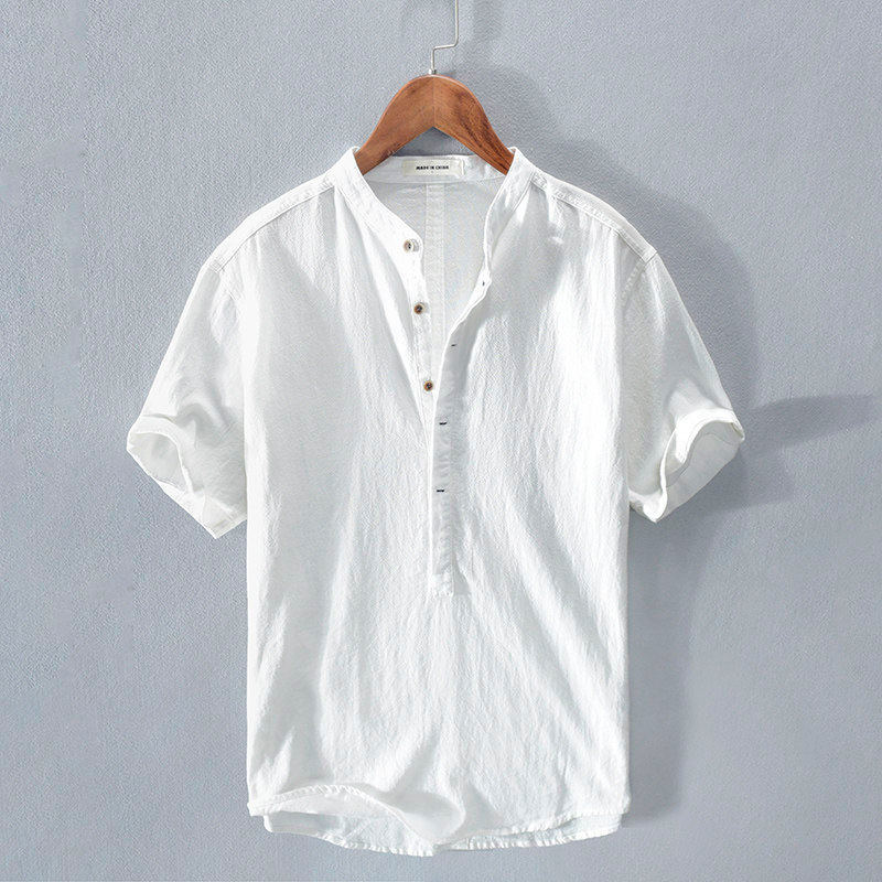 Camiseta de manga curta de linho pulôver masculino verão em torno do pescoço estilo chinês gola alta algodão linho camis