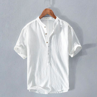 Camiseta de manga curta de linho pulôver masculino verão em torno do pescoço estilo chinês gola alta algodão linho camis