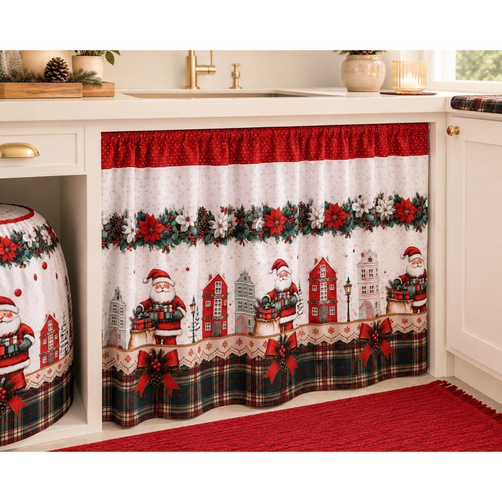 Cortina/ Pia/ Balcão e Vitro Cozinha 2,20m x 80cm Linda Estampa Natalina Papai Noel Xadrez