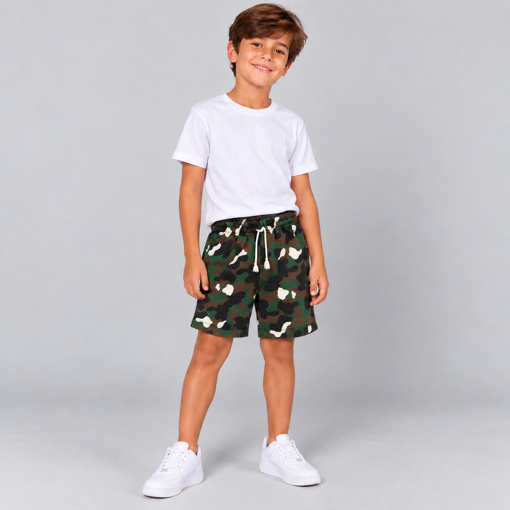 Bermuda Moletinho Infantil Menino Camuflada Shorts Masculino com Cós Elástico