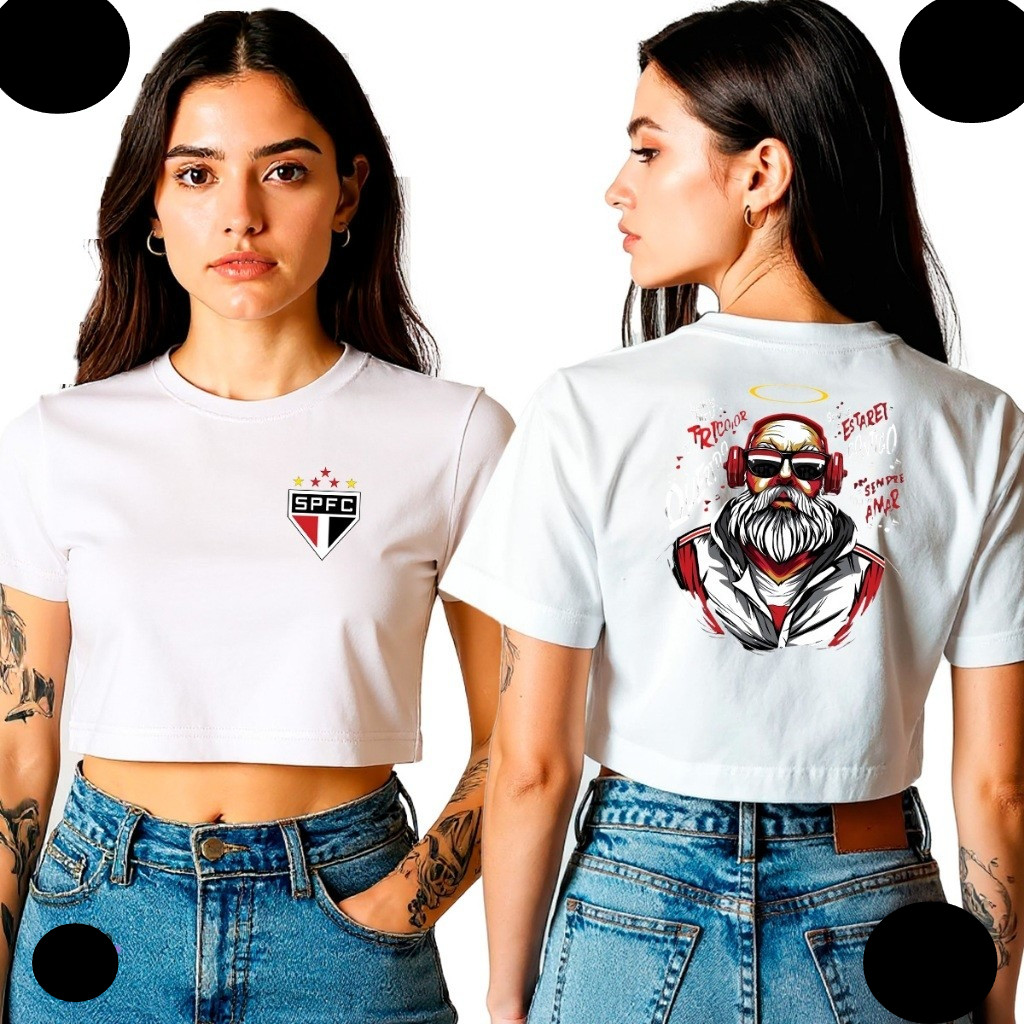 Camisa Cropped Tricolor São Paulo Futebol Blusa 100% Algodão Premium Adulto Feminino