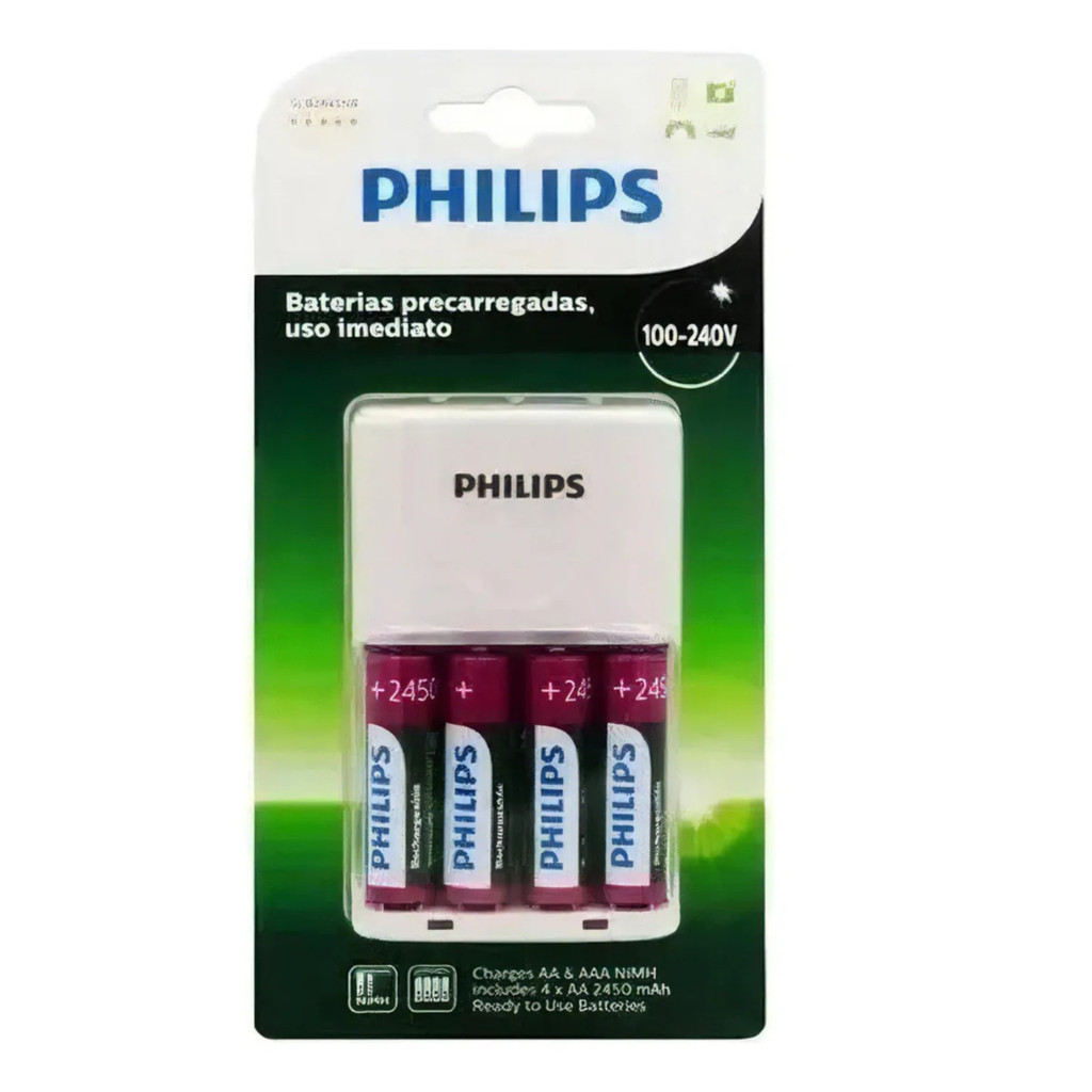 Carregador Pilhas Philips Bivolt + 4 Pilhas AA 2450mAh Recarregáveis Xbox Controle