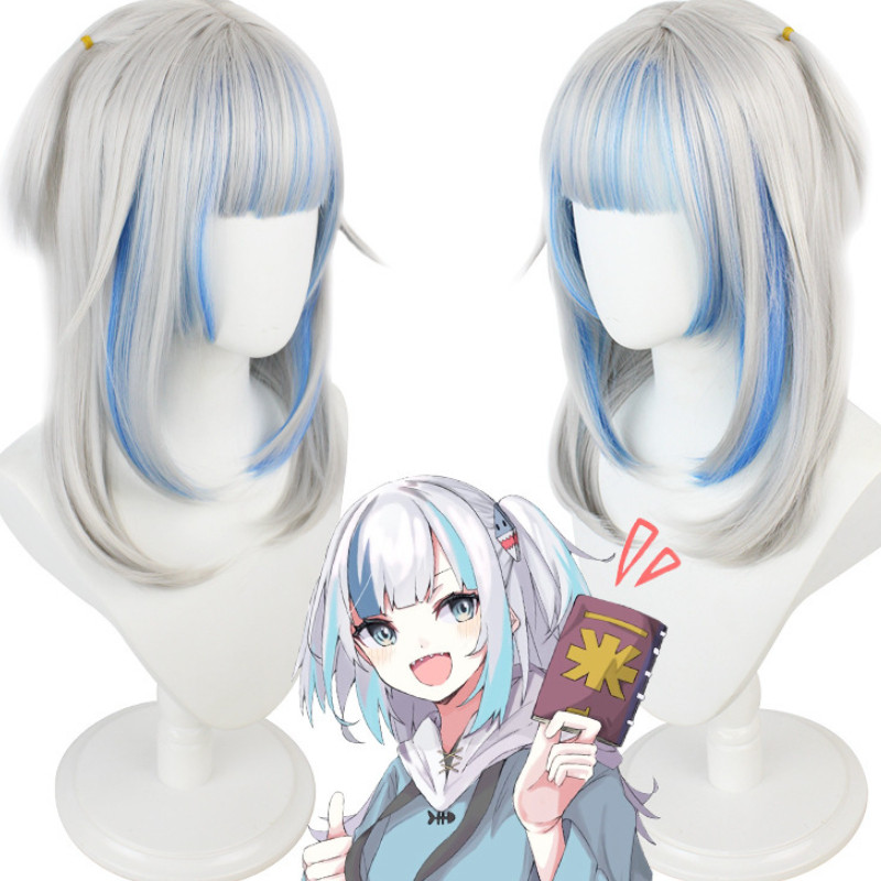 Ídolo virtual, uma garota fofa chamada Gau·Gura, usando uma peruca de cosplay charmosa.