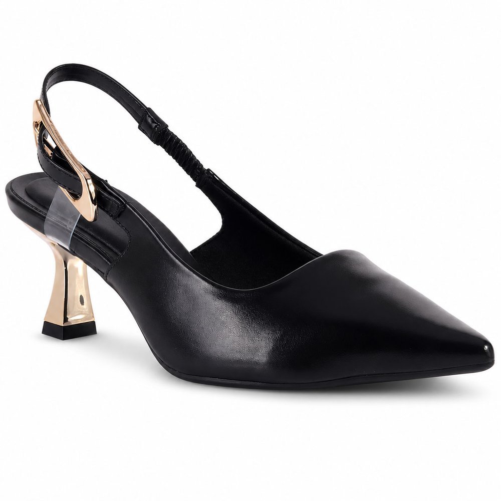 Scarpin Slingback Feminino Bebecê Salto Médio Taça Preto com Fivela Dourada e Calcanhar Aberto