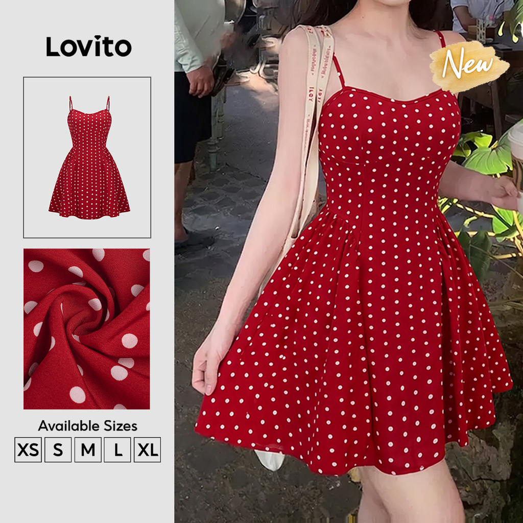 (New Arrival) Lovito Casual Vestido Curto Evase Vermelho Poá Drapeado Pregos Primavera Verão Fim De Semana Para Mulheres DRB204P1D257