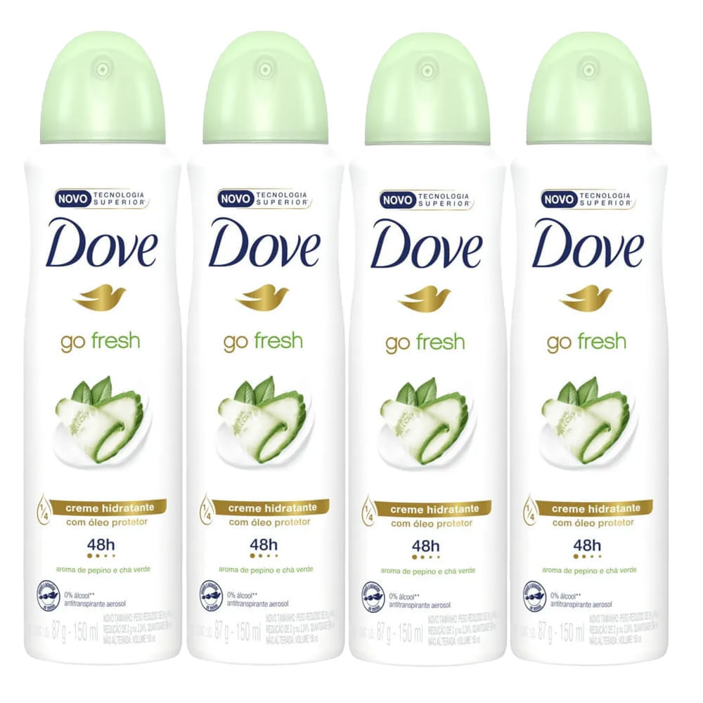 Kit 4 Desodorantes Aerosol Dove Go Fresh Pepino E Chá Verde 150ml