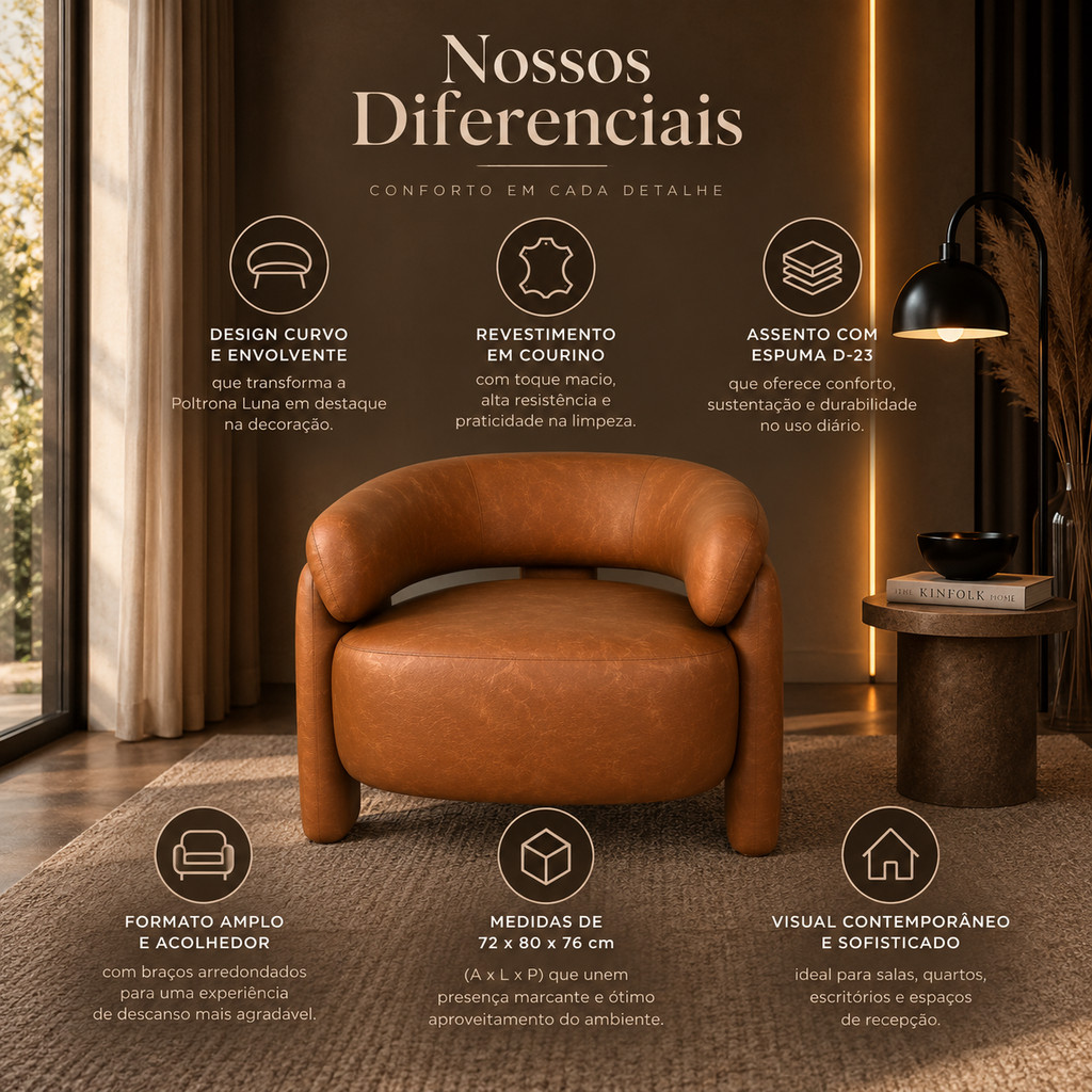 Poltrona Curva Orgânica Moderna Corino Caramelo Sala Quarto Recepção Escritório Premium Luna Divani — imagem 2 de 2