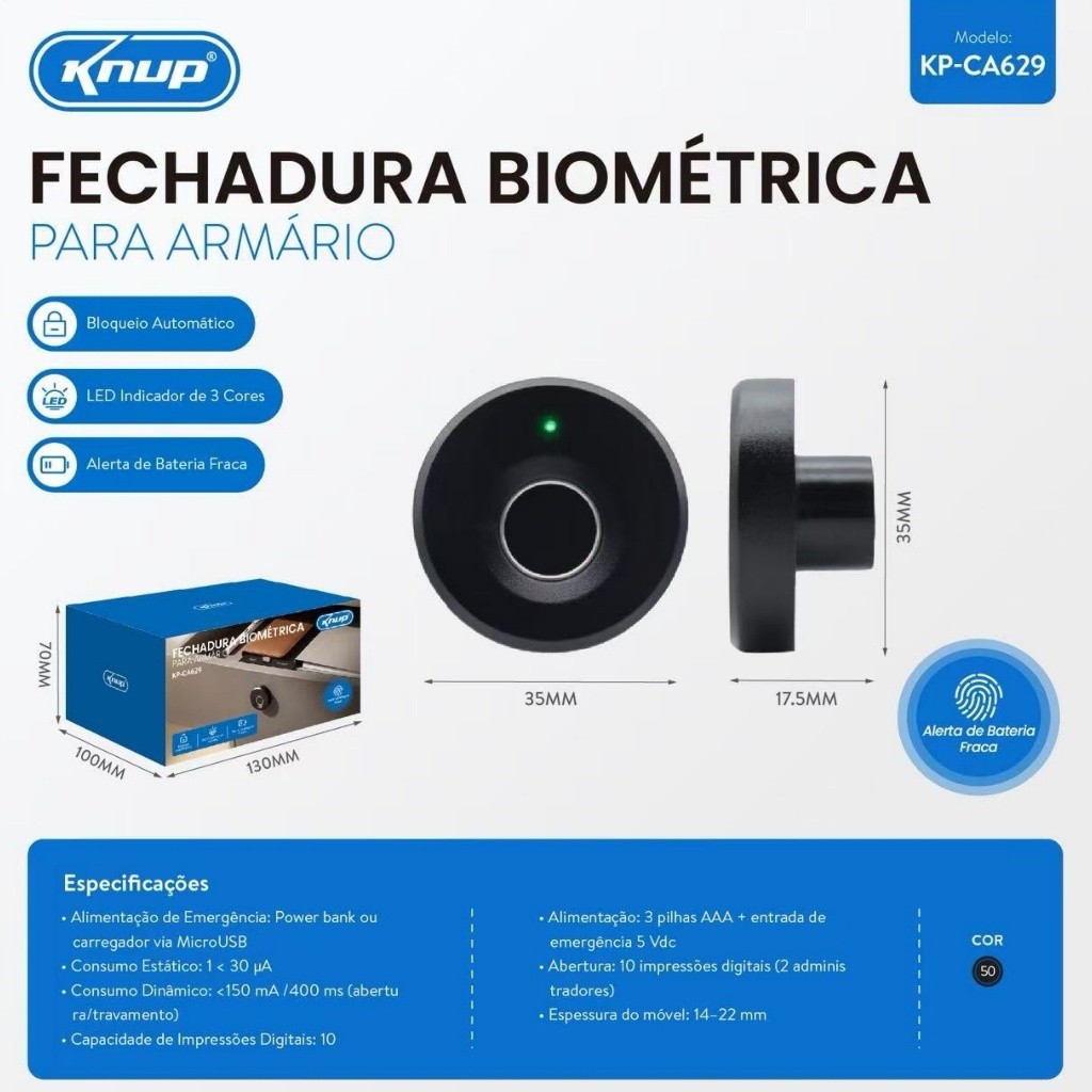 Fechadura Biométrica para Gaveta e Armário com Leitor Digital, LED e Bloqueio Automático Preta