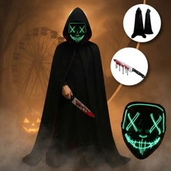 Máscara Led Neon Capa Preta Faca Sangue Halloween Cosplay Fantasia Festa Filme Uma Noite De Crime Dia das Bruxas