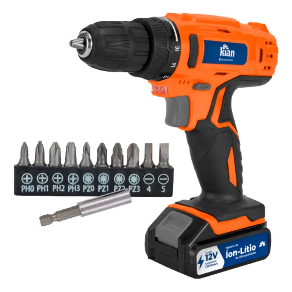 Kit Parafusadeira Furadeira 12V com 11 Peças Kian Bivolt