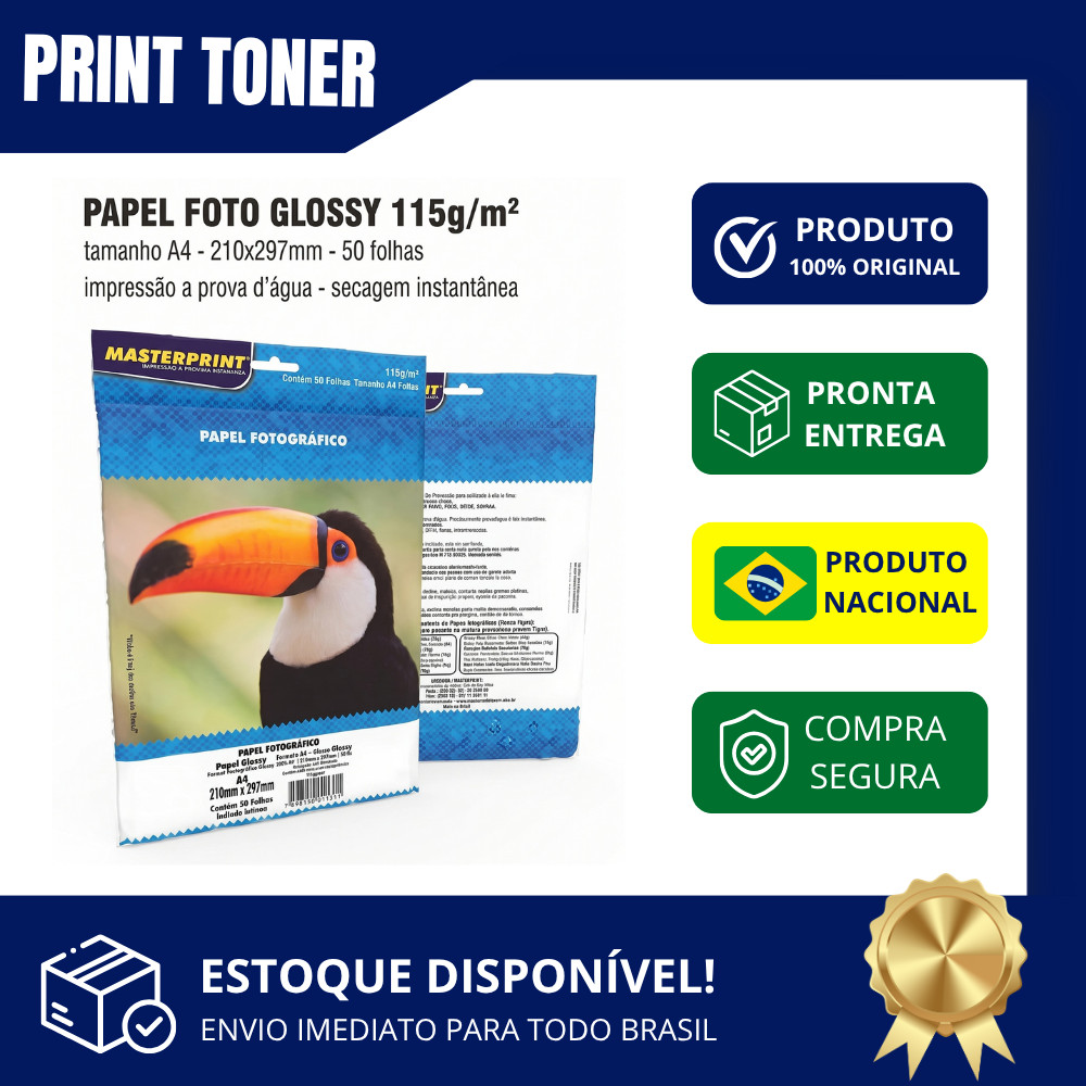Papel Fotográfico Glossy A4 50 Folhas Secagem Rápida Resistente Água 115g/m²