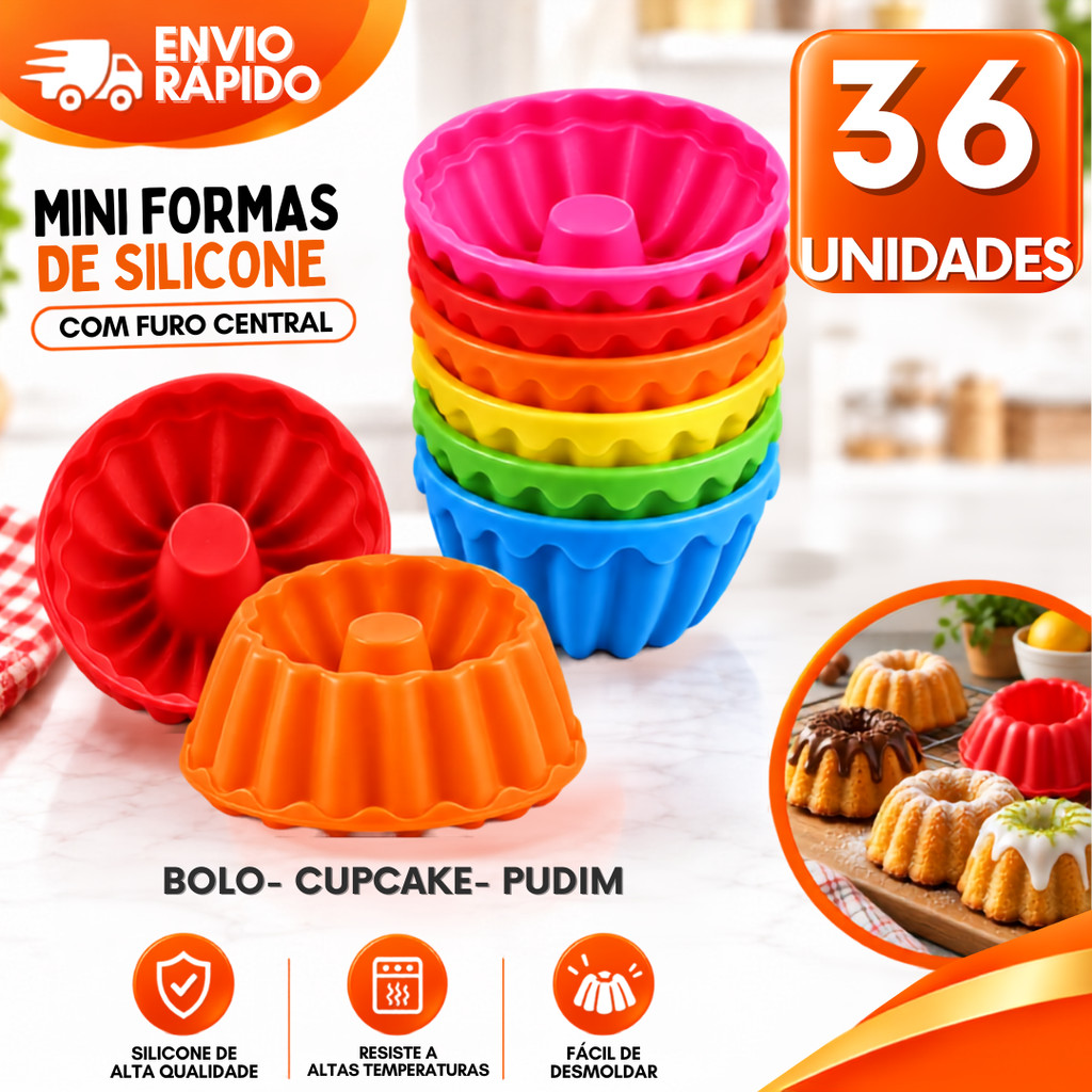 Mini Forminhas Redonda Furo Central Cupcake Muffin Bolo Pudim Silicone Vulcão Antiaderente Forno e Airfryer Reutilizável