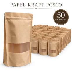 Saco Kraft com Visor e Zip 10x15x4,5cm Kit 50 Unidades Embalagem Stand Up Pouch para Café Granola Castanhas Biscoitos
