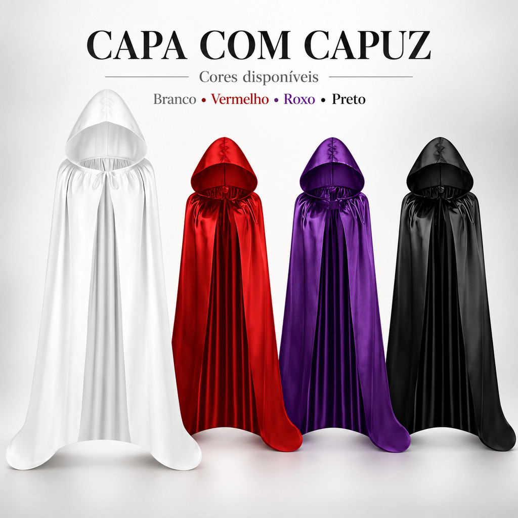 Capa Preta com Capuz Cetim Brilhante – Ideal para Cosplay, Teatro, Festa à Fantasia e Ensaio Halloween