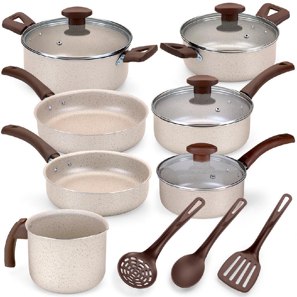 Kit Jogo de Panelas 10 Peças Creme Antiaderente Teflon Tampa de Vidro Baunilha