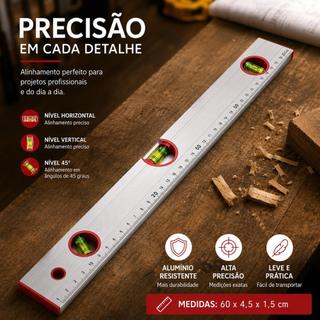 Nível De Alumínio 60cm 3 Bolhas Prumo De Mão Régua Niveladora Parede Piso Móveis Alinhamento Multiuso