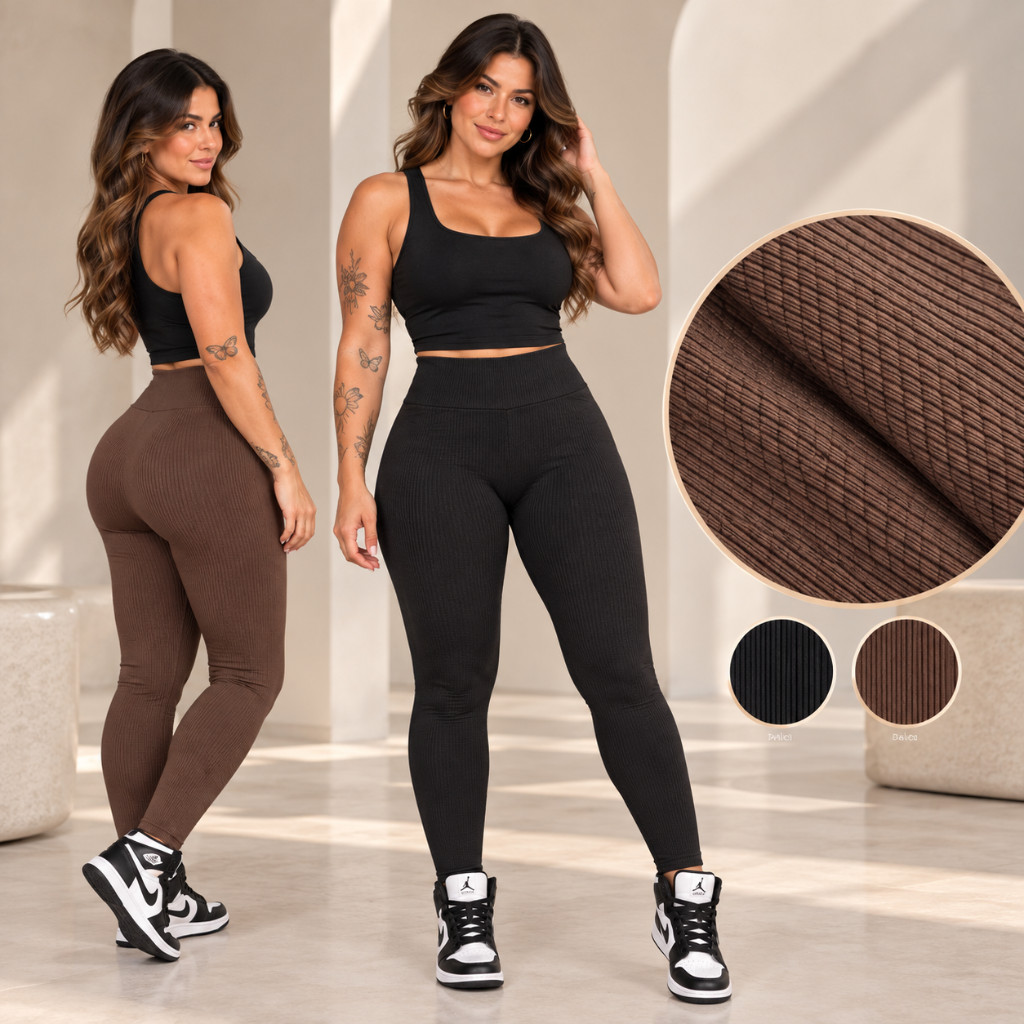 Calça Feminina Legging Academia Fitness Cintura Alta Suplex Canelada Modeladora Confortável