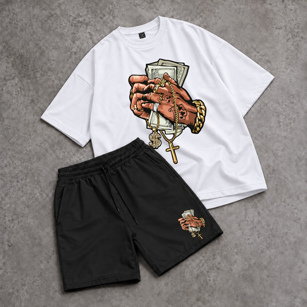 Conjunto Camiseta Oversized e Short Kit Mãos com Dinheiro Cordão Crucifixo Trap Streetwear Masculino