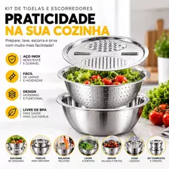 Kit Cozinha 3 Em 1 Tigela Inox Multiuso Com Escorredor Ralador Fatiador Legumes