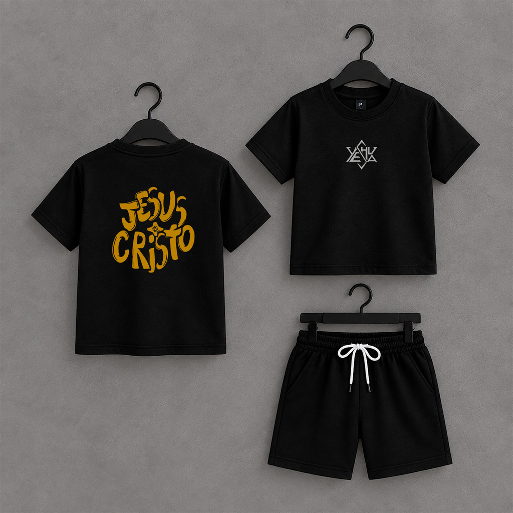 kit conjunto infantil camiseta estampada frente e costa e bermuda moletom jesus cristo