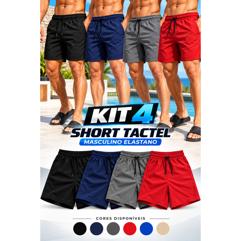 Kit 4 Shorts Tactel Masculino Elastano Bermuda Academia Short Praia Piscina
