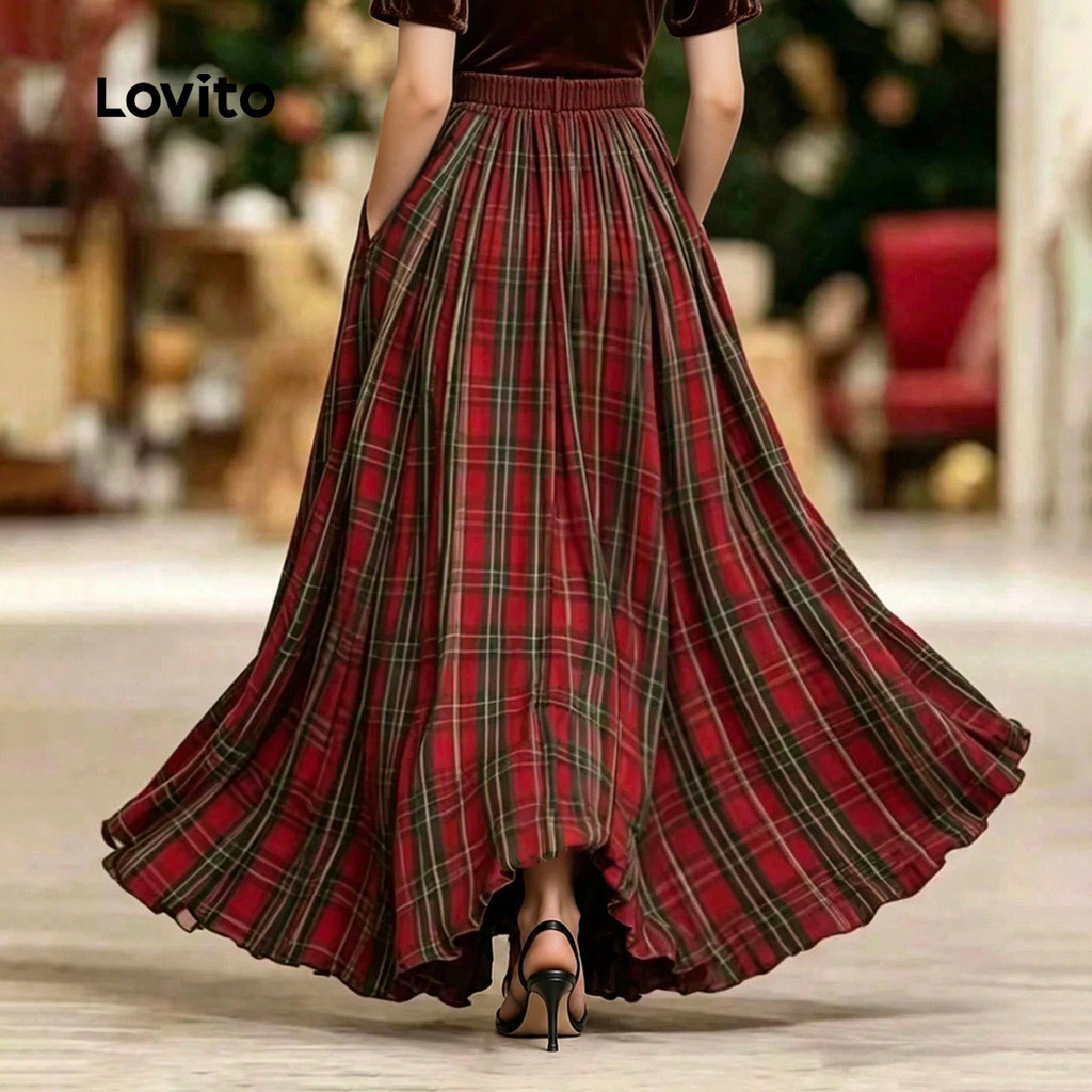 Lovito Saia Feminino Longa Plissada Xadrez Boho Em Tons De Vermelho E Verde Para Fins De Semana E Férias SKK10BR380 · foto 2