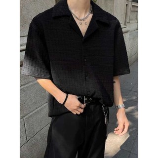 Street Wear bonito High-End Casual roupas masculinas gola cubana camisa textura preta Jacquard camisa de manga curta mas