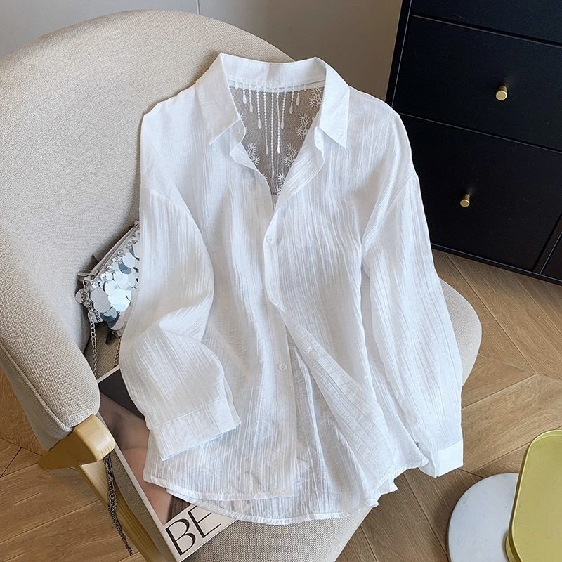 Renda oco branco protetor solar camisa feminina verão fino Cardigan novo estilo de seda gelo respirável pequena camisa j