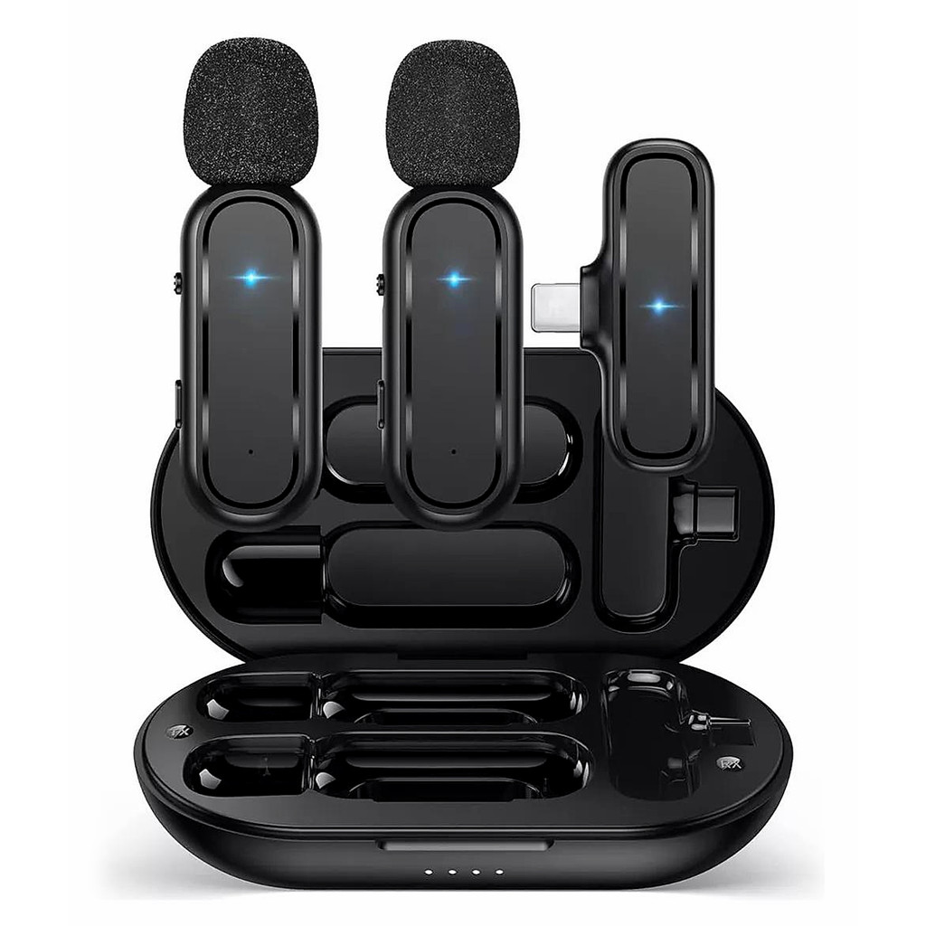 Microfone Lapela Duplo Wireless MK08 Bluetooth Android iOS PC Redutor Ruido Entrevista Podcast Video