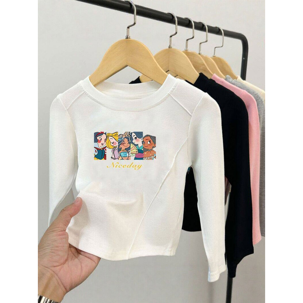 Meninas dos desenhos animados camiseta de manga comprida primavera outono estilo coreano estilo ocidental camisa de fund