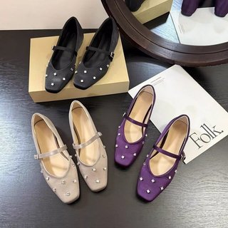 Sapatilhas femininas de salto baixo, bico quadrado, decote baixo, com salto interno e strass, elegantes, estilo bailarin