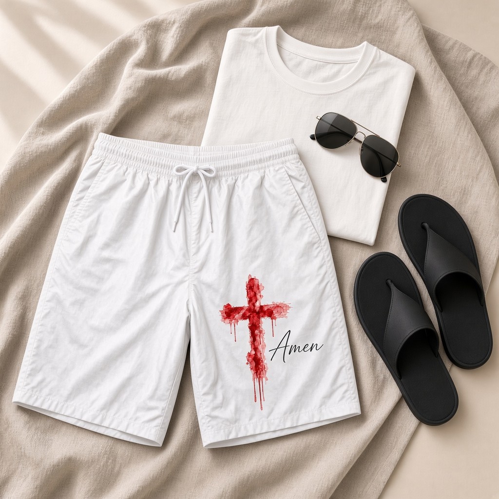 Short Moda Praia Masculino Bermuda Verão Tec Tell Jesus Cruz Vermelha Cristão Academia Treino Corrida Musculacao Fit