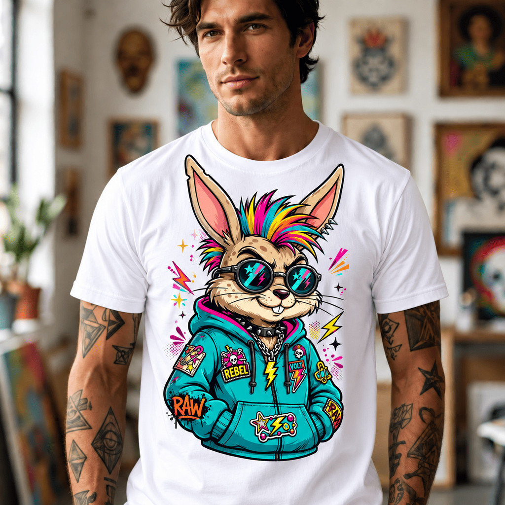 Camiseta Estampada Camisa Coelho Punk Cabelo Colorido Despojado Unissex Infantil Adulto 100% Algodão