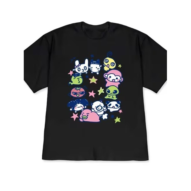 Camiseta Manga Curta Preta Estampada Personagens Desenho Moderna Fofa Confortável Linda Estilosa Divertida para Uso