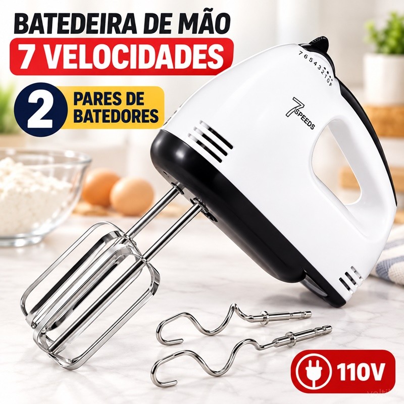 Batedeira de Mão Elétrica 7 Velocidades 110V com 4 Batedores para Bolos Ovos Chantilly e Massas