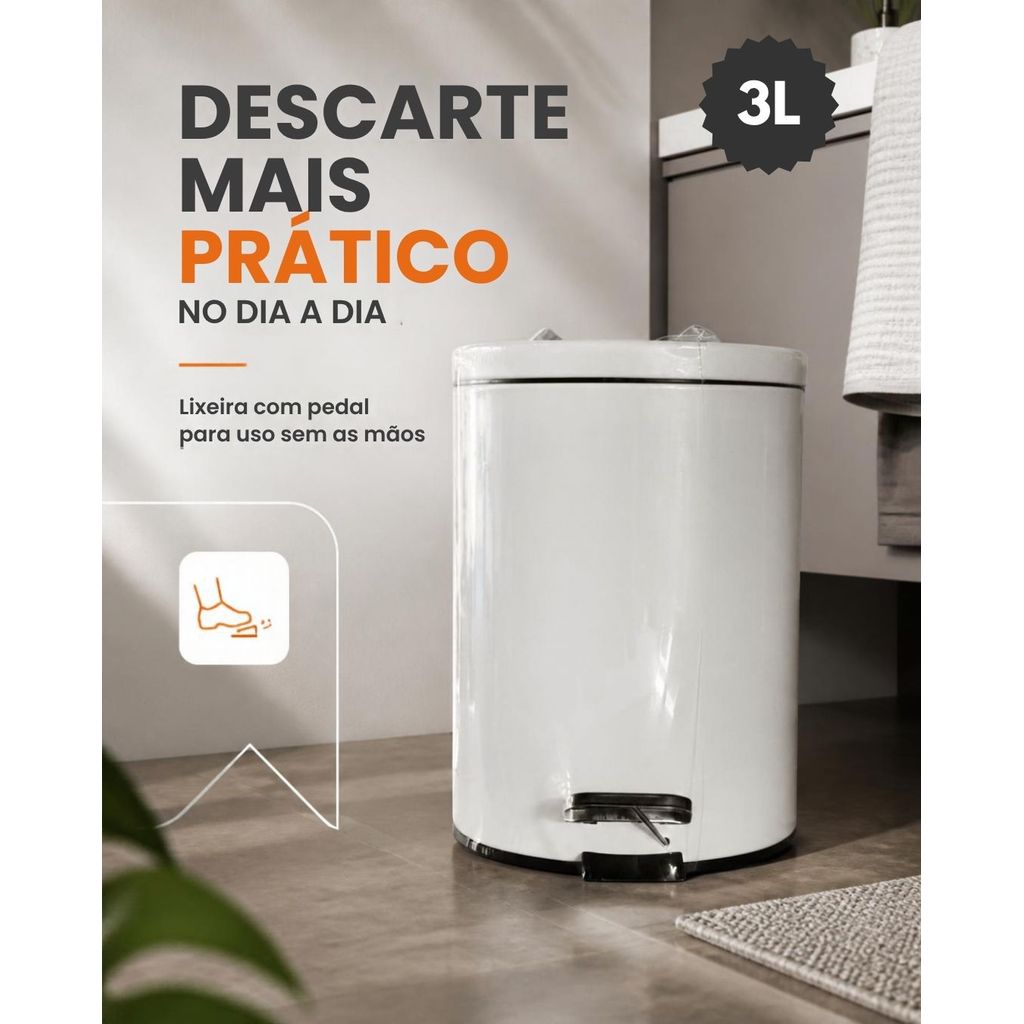 Lixeira Metálica Branca com Pedal – 3L