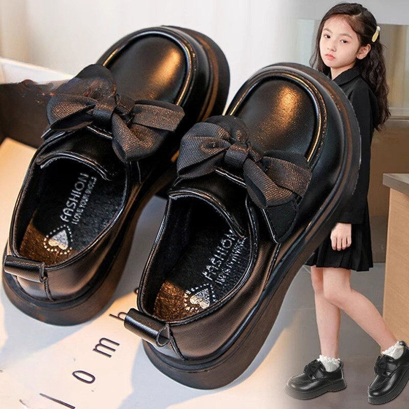 Sapatos de couro pequenos para meninas médias e grandes, preto, para Performance em palco, 26 novo estilo, vestido escol