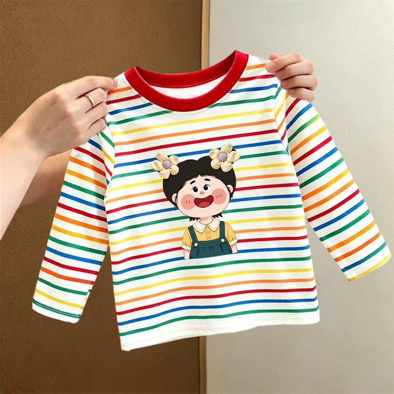 Novo estilo primavera outono bebê manga comprida camiseta meninas estilo ocidental listrado em torno do pescoço topo cri