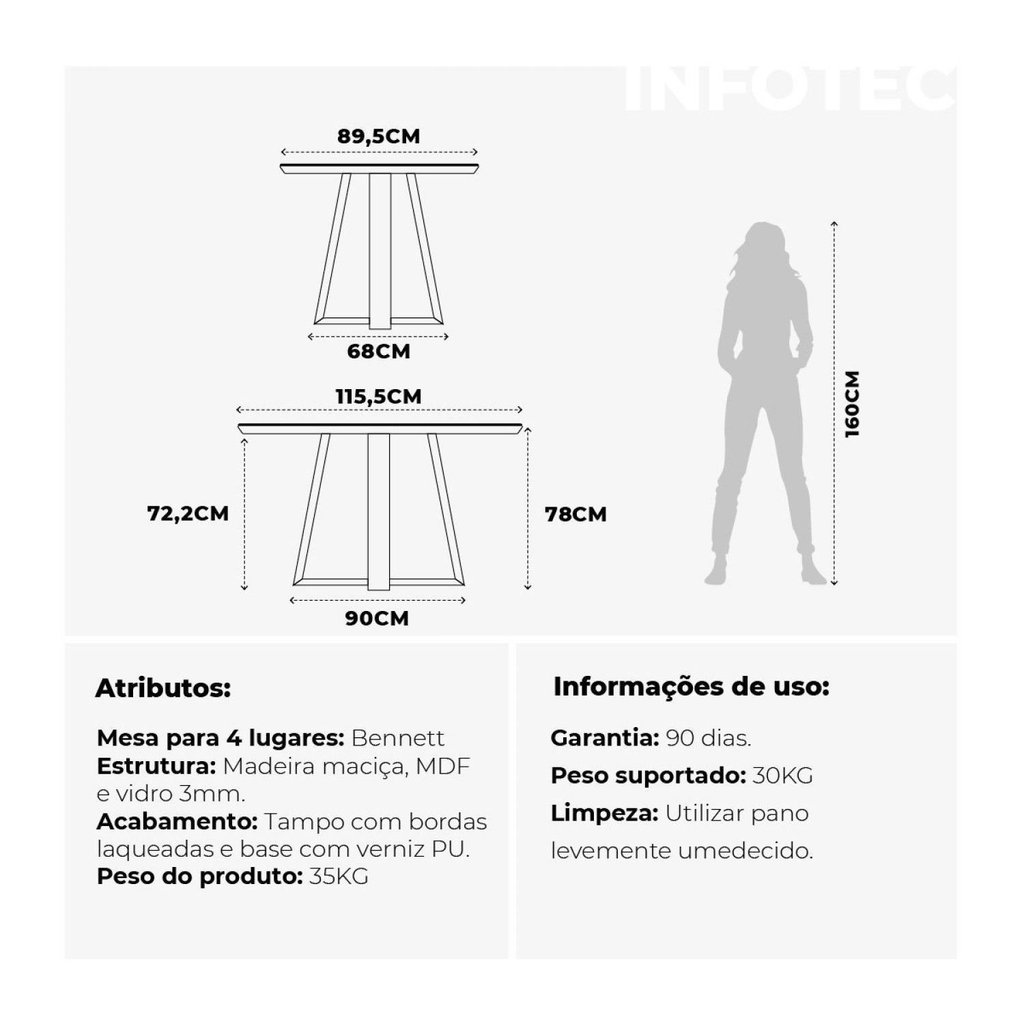 Mesa Bennett Retangular 115cm com Tampo de Vidro Branco/Marrom/Off White Fosco Retangular · foto 2