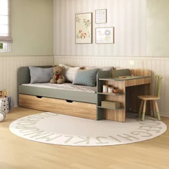 Cama de Solteiro Funcional Infantil com Escrivaninha e Cama Auxiliar 100% MDF Premium Helena Marrom/Verti/Louro Freijó
