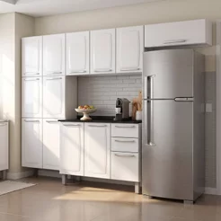 Cozinha Completa Modulada 4 Peças em Aço com Paneleiro e Balcão com Tampo Luce Itatiaia Branco Branco
