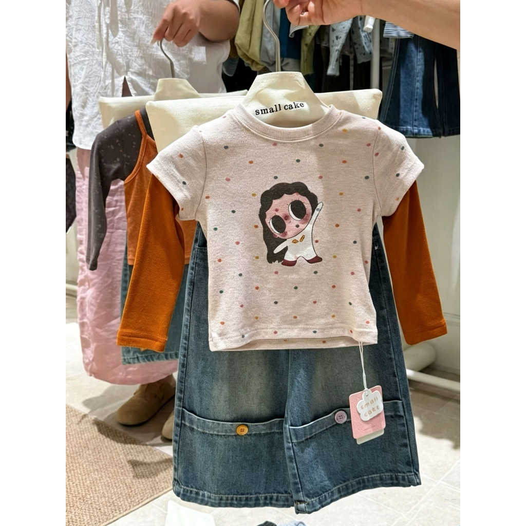 Outono novo estilo meninas Xiaoyu falso camiseta de duas peças topo de manga comprida crianças bolinhas All-Match botão 