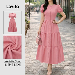 Lovito Vestido Feminino Casual Rosa Plissado Com Botões Linha A Primavera Verão Férias E Fim De Semana DRK9BR213